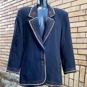 Vintage 80’s New Frontier Navy Embroidered Western Blazer Jacket Size Medium